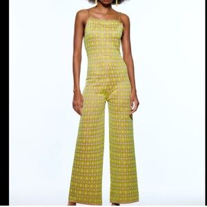Zara Jacquard Knit 70s Spaghetti Strap Wide Leg Jumpsuit Size Medium